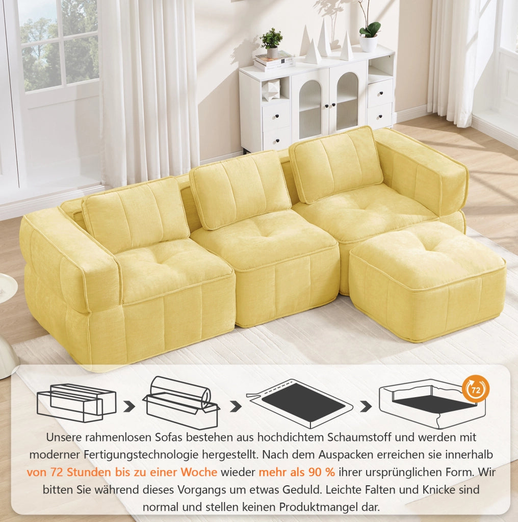 Divano modulare senza telaio giallo con pouf, 271 × 162 × 67 cm