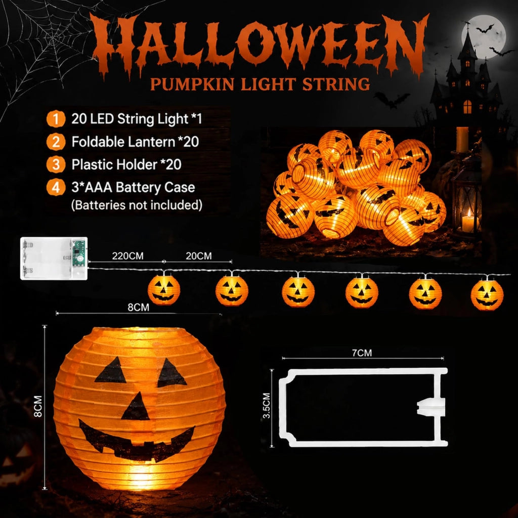 Catena luminosa a tema Halloween, con 20 luci a LED a forma di zucca, lunghezza 6 metri, alimentazione a batteria