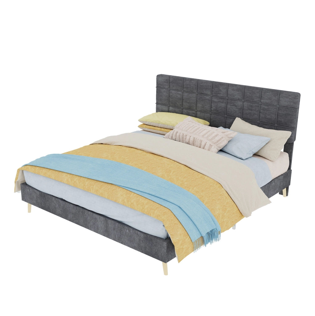 Letto matrimoniale grigio scuro in tessuto con testiera imbottita a quadri, 160x200 cm, con materasso incluso