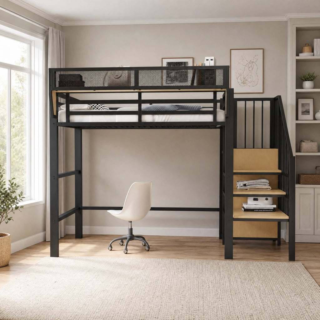 Letto a soppalco in metallo 90x200 cm con scala di sicurezza e ripiano modulabile, colore nero