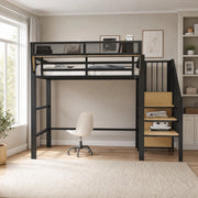 Letto a soppalco in metallo 90x200 cm con scala di sicurezza e ripiano modulabile, colore nero