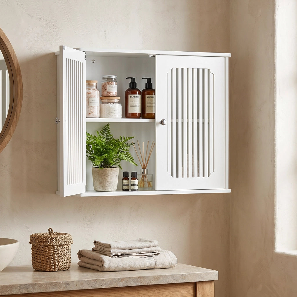 Mobile da bagno sospeso 69,3 × 43,8 × 11 cm con doppie ante a lamelle in MDF e pannello truciolare bianco