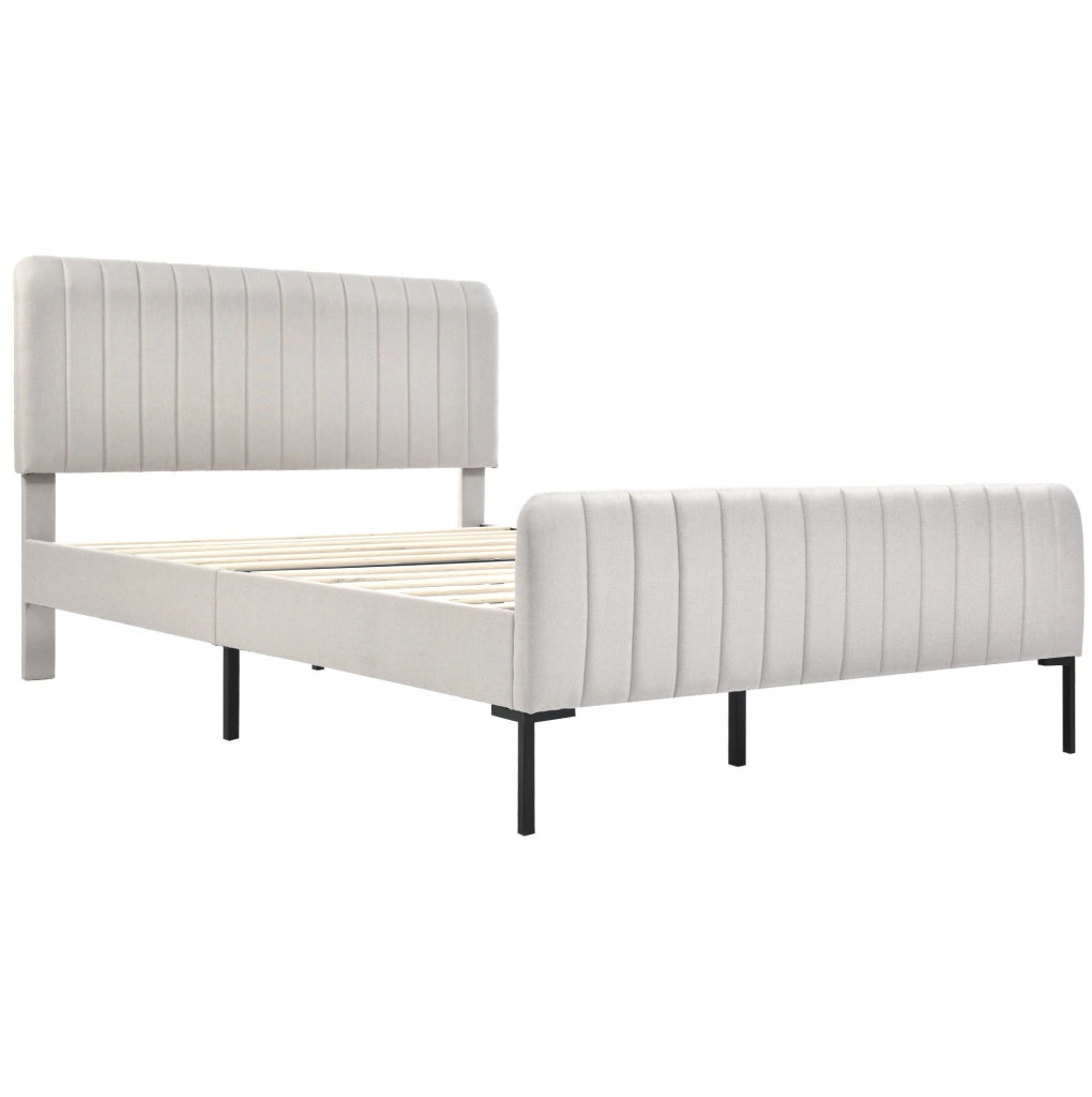 Letto matrimoniale imbottito 180x200 cm con rete a doghe e testiera regolabile in lino grigio-beige