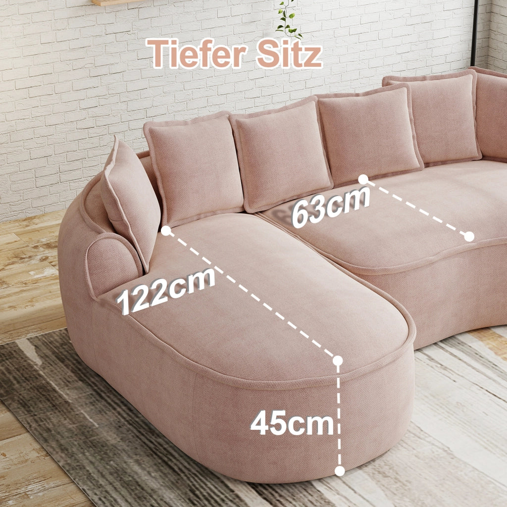 Divano letto modulare IVMEU in ciniglia rosa, 2 moduli con chaise longue, seduta profonda e braccioli ampi per soggiorno