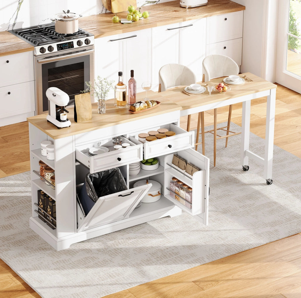 Isola da cucina mobile bianca e naturale con piano allungabile