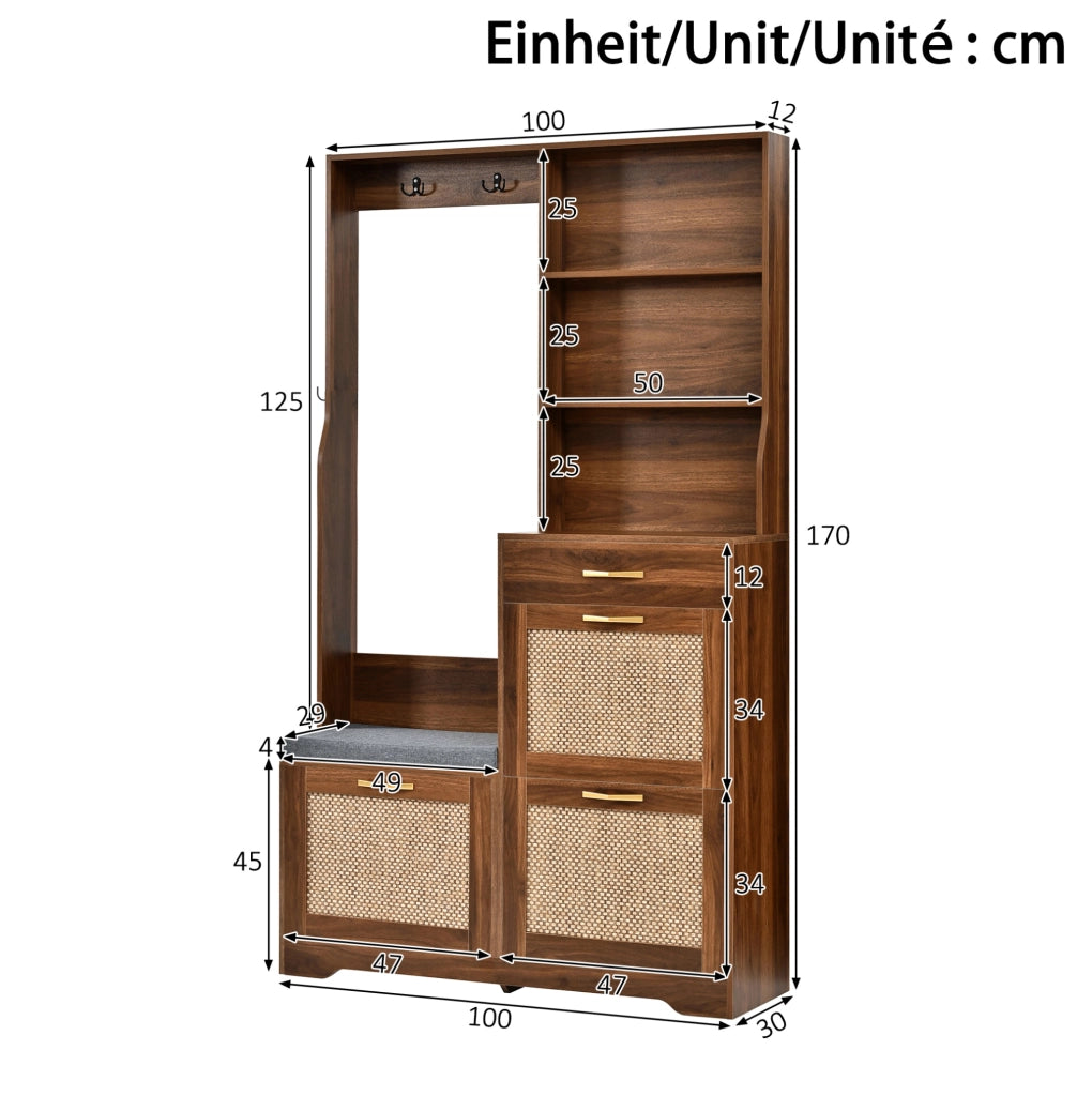 Mobile ingresso 100x30x170 cm in MDF noce con panca e scarpiera
