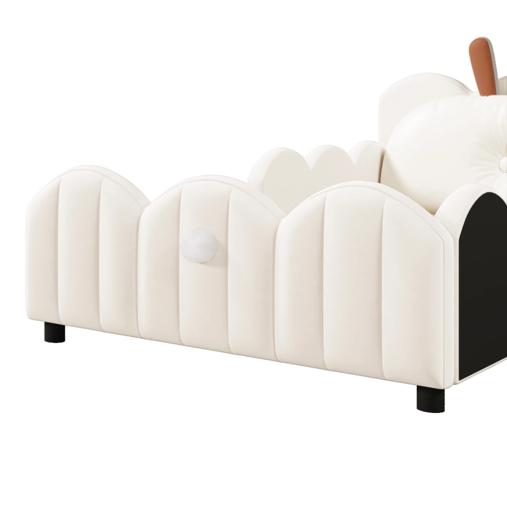 Letto per bambini a piattaforma 90 × 200 cm imbottito beige con cuscino a orecchie di coniglio e protezioni laterali