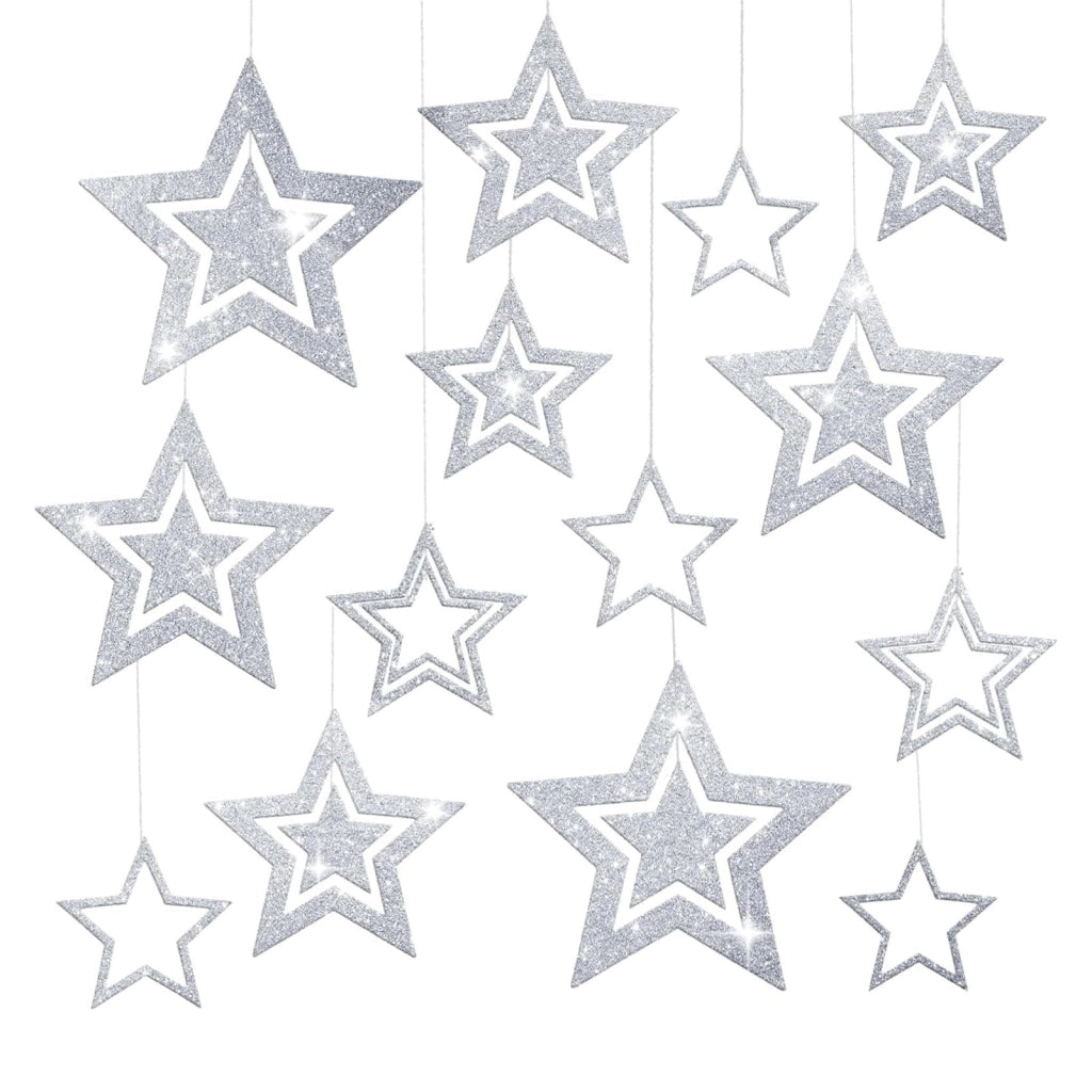 Stelle di glitter da appendere, color argento, confezione da 14 pezzi, decorazioni natalizie