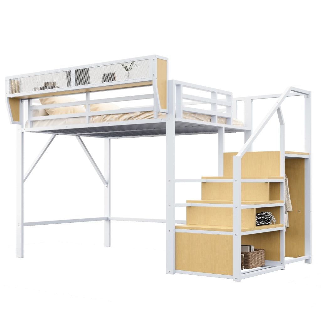 Letto a soppalco 140x200 cm con scala di sicurezza e ripiano modulabile in metallo bianco