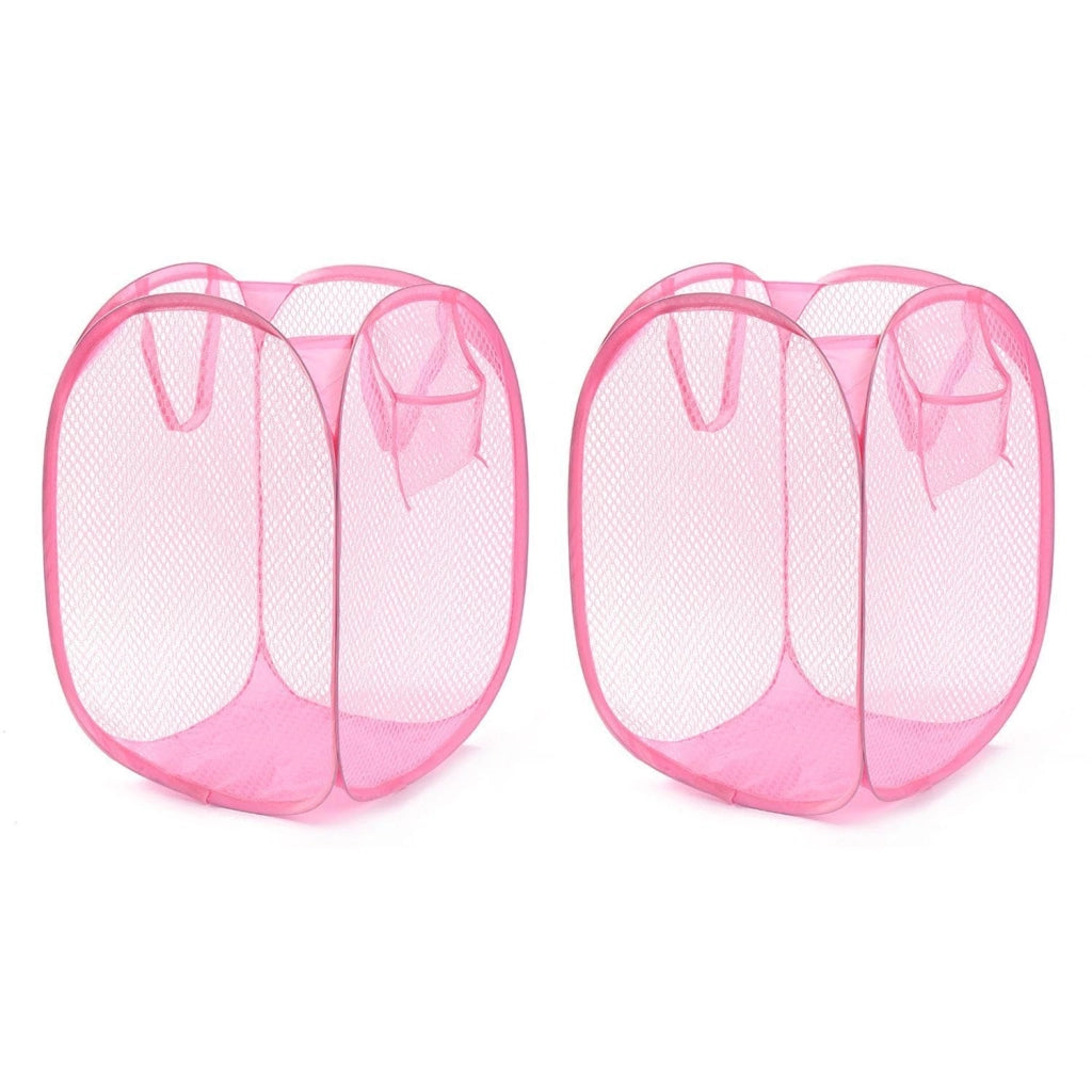 Set di 2 cesti pieghevoli per la biancheria, in rete, color rosa, con maniglia