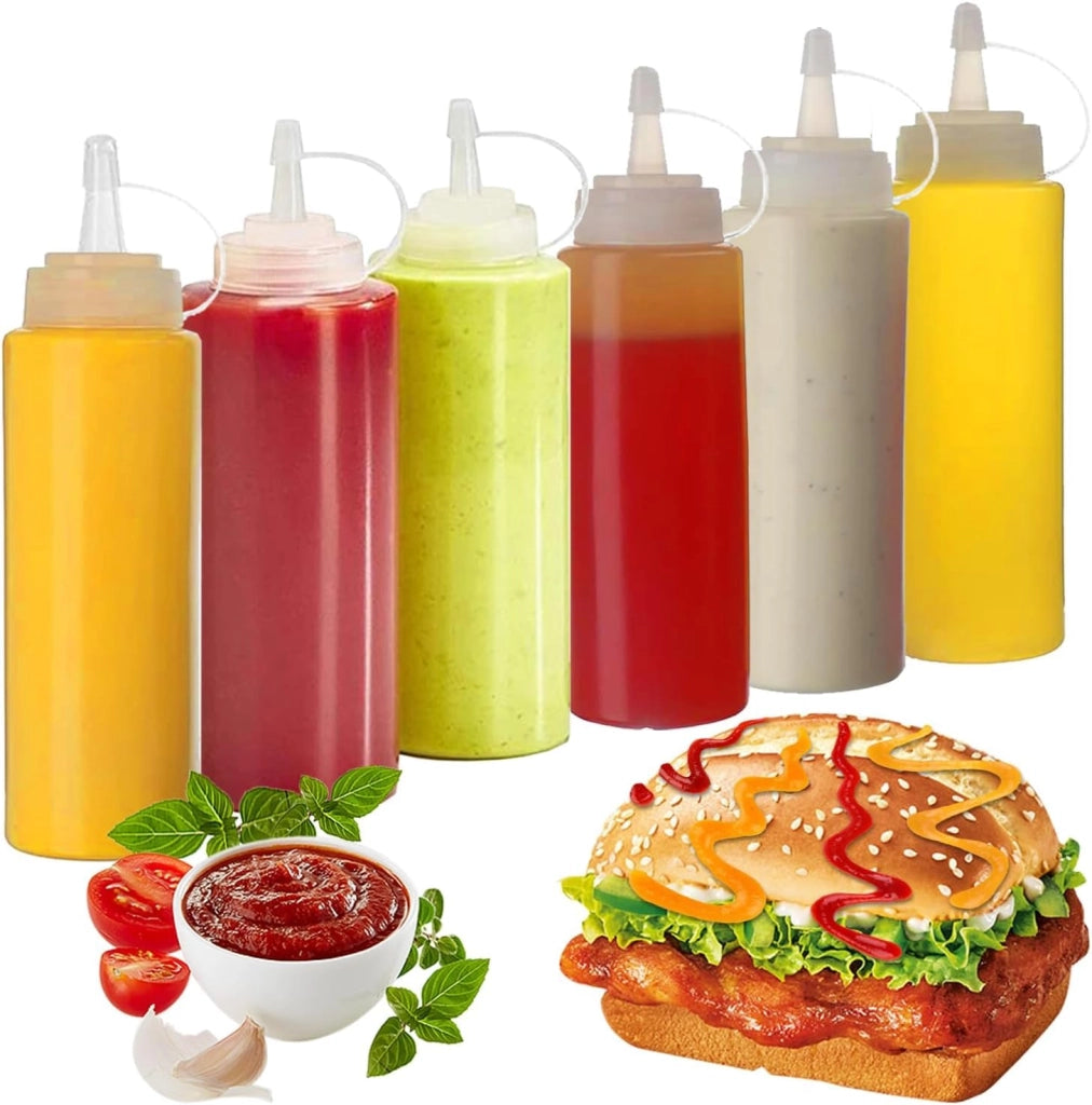 Set di 6 flaconi da 240 ml in plastica PET/PP, ideali per salse