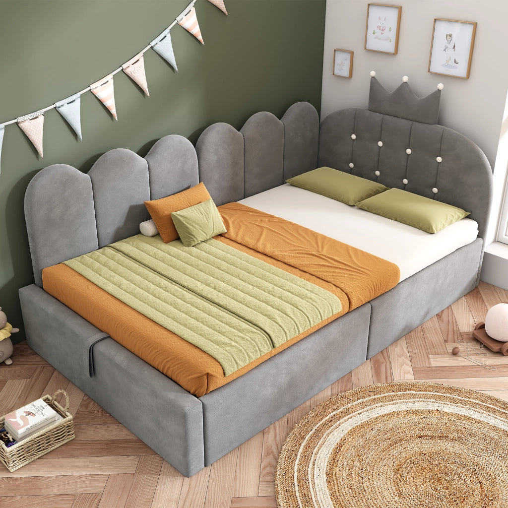 Letto contenitore 90 × 200 cm a L imbottito in velluto grigio con rete a doghe e testiera con corona
