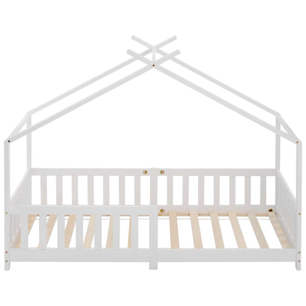Letto a casetta per bambini 90x200 cm con sponde e rete a doghe; in pino massello bianco per cameretta
