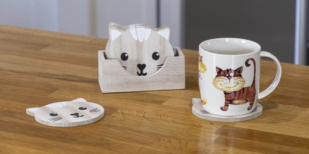 Sottobicchieri in legno a forma di gatto, set da 6 con supporto, color marrone