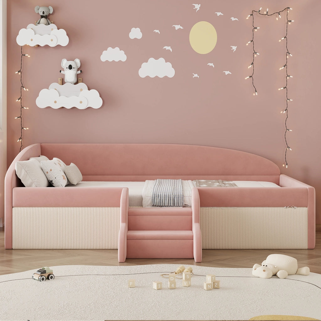 Letto per bambini imbottito 90 × 190 cm con rete a doghe in velluto rosa e bianco con scale e sponde laterali