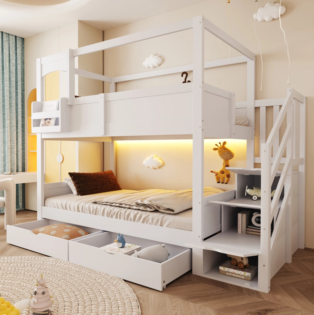Letto contenitore per bambini 90x200 cm con scala e rete a doghe in legno bianco per cameretta, senza materasso