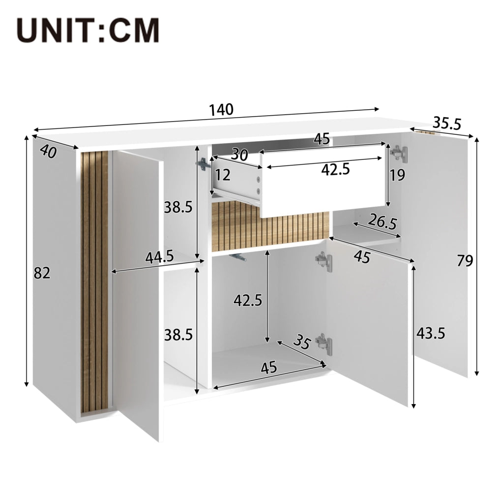 Credenza bianca e naturale 140 cm con 3 ante, cassetto e LED