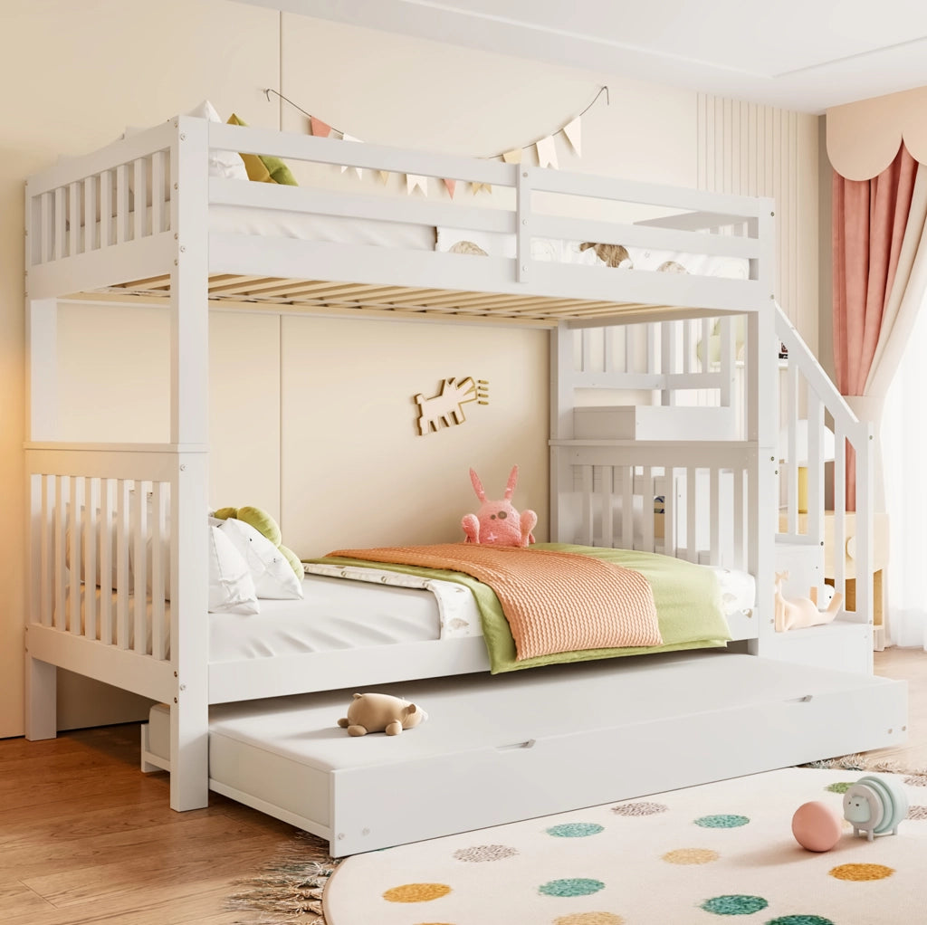Letto a castello 90x200 cm bianco con letto estraibile e scala con ripiani