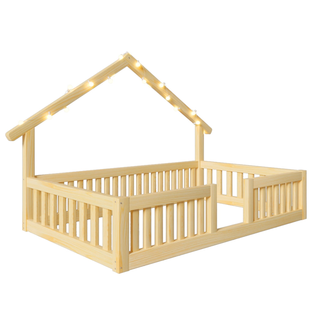 Letto a casetta per bambini 90x200 cm; con sponda di sicurezza e luci LED; in legno; naturale; senza materasso