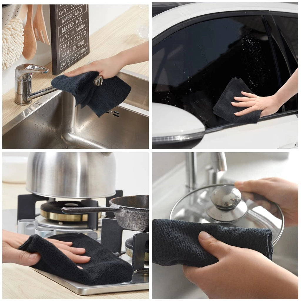Set di 4 panni in microfibra, 30x30 cm, colore nero, estremamente assorbenti
