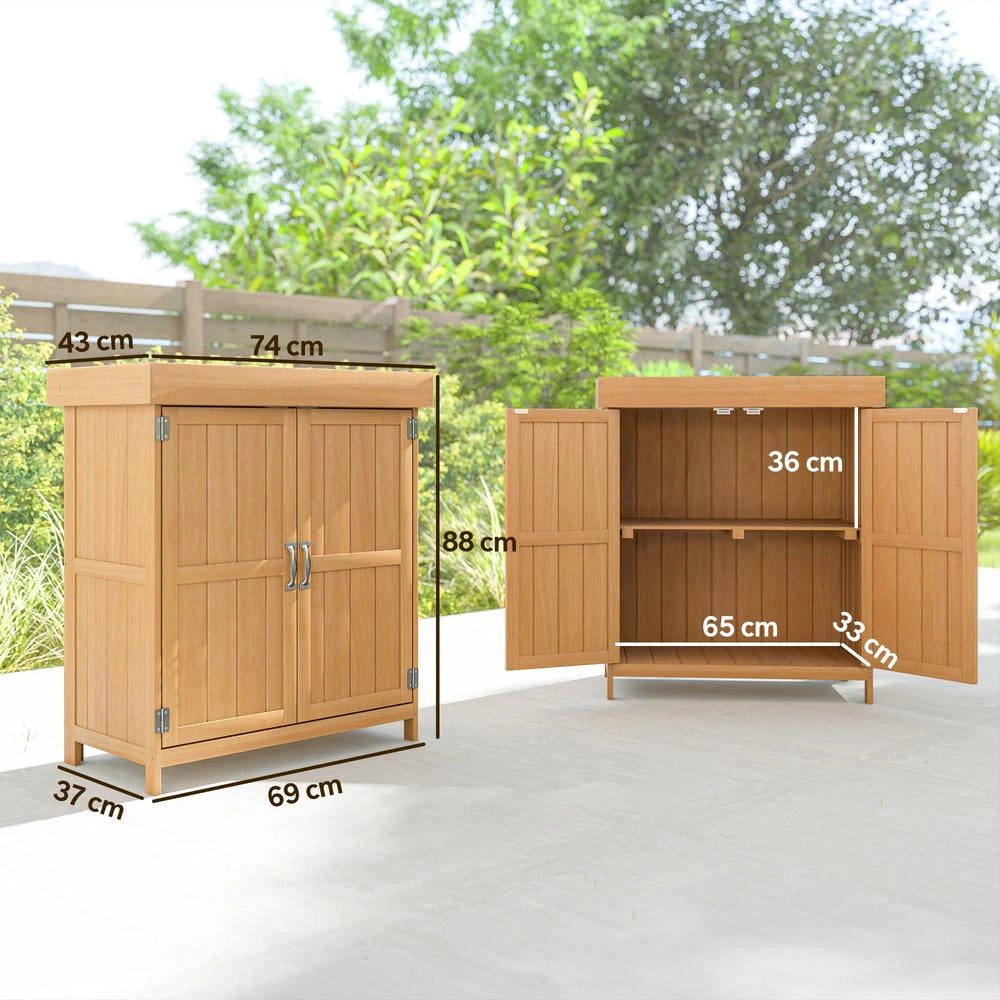 Mobile Armadio da Giardino Porta Attrezzi in Legno Massello di Abete con Doppia Porta Ripiano e Tetto Apribile 74L x 43l x 88H cm