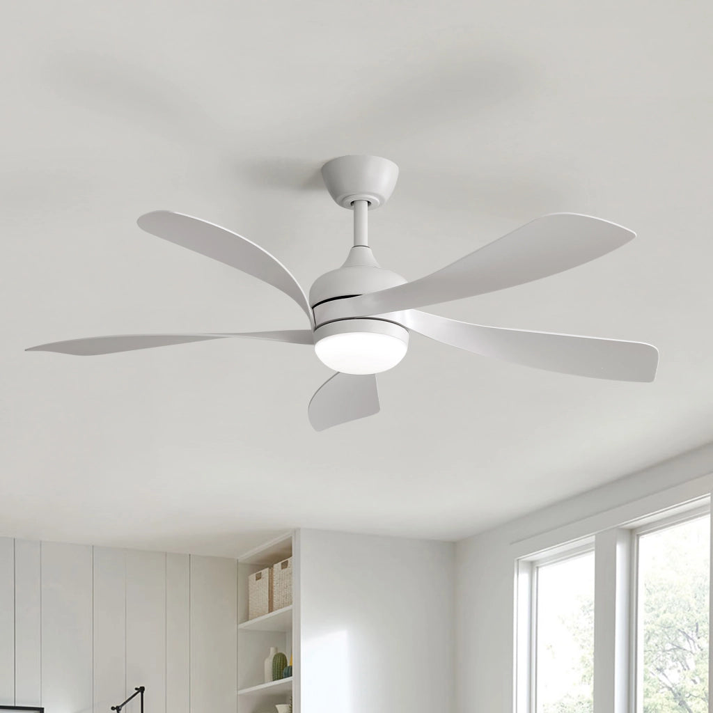 Ventilatore da soffitto da 42 pollici con luce LED dimmerabile; motore DC silenzioso e telecomando bianco