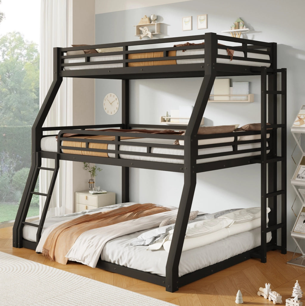 Letto a castello triplo in metallo nero 90 x 200 / 120 x 200 / 140 x 200 cm con scale regolabili per bambini, ragazzi e adulti, senza materasso
