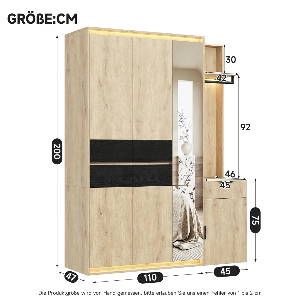 Armadio ingresso con 3 barre appendiabiti, 5 cassetti, specchio e 3 luci LED in MDF rovere 155x47x200 cm