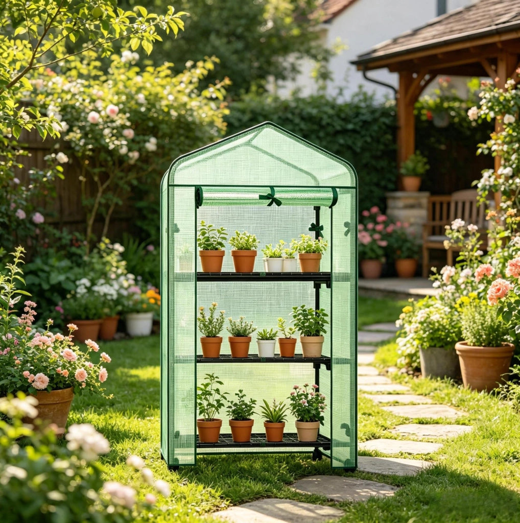 Serra da giardino con ruote e 3 ripiani, 70 x 50 x 130 cm, verde