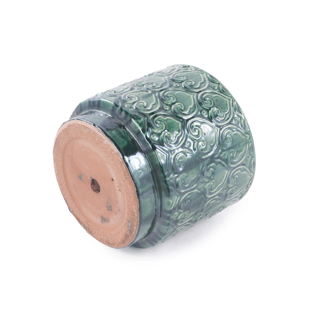 Vaso in ceramica verde lucida con decoro a cuore e foro di drenaggio