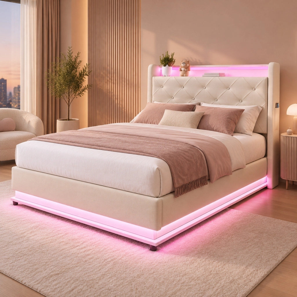 Letto imbottito 90x200 beige con LED, USB, vano contenitore e materasso