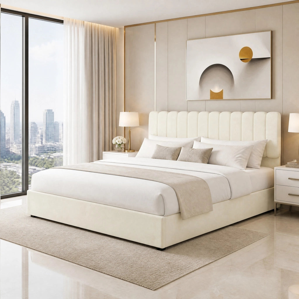 Letto imbottito moderno beige 160x200 cm con contenitore e testiera imbottita
