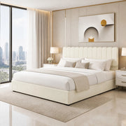 Letto imbottito moderno beige 160x200 cm con contenitore e testiera imbottita