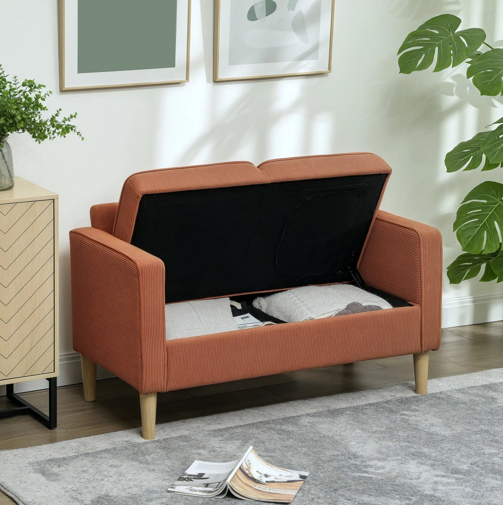 Divano 2 posti 117x63x79 cm con contenitore, piedi in legno e cuscini sfoderabili