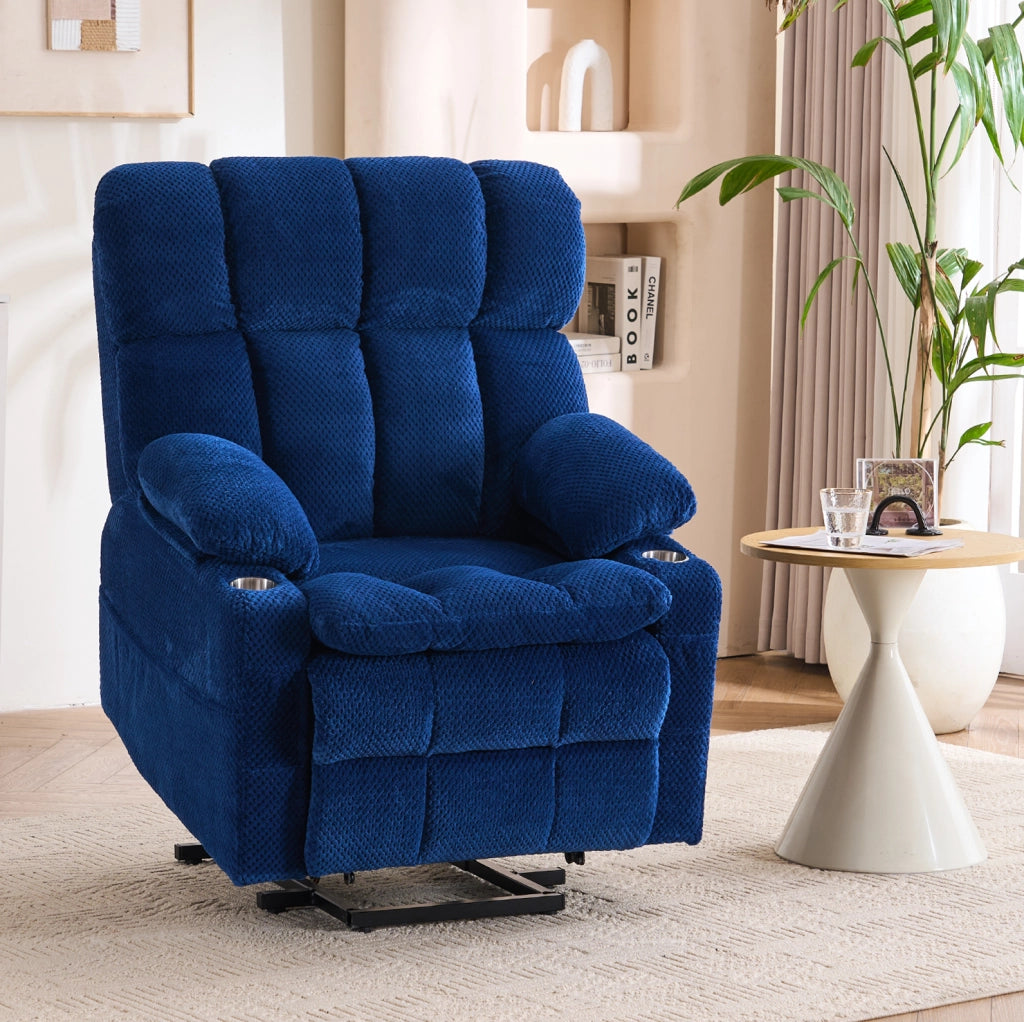 Poltrona elettrica blu con alzata assistita, massaggio e riscaldamento
