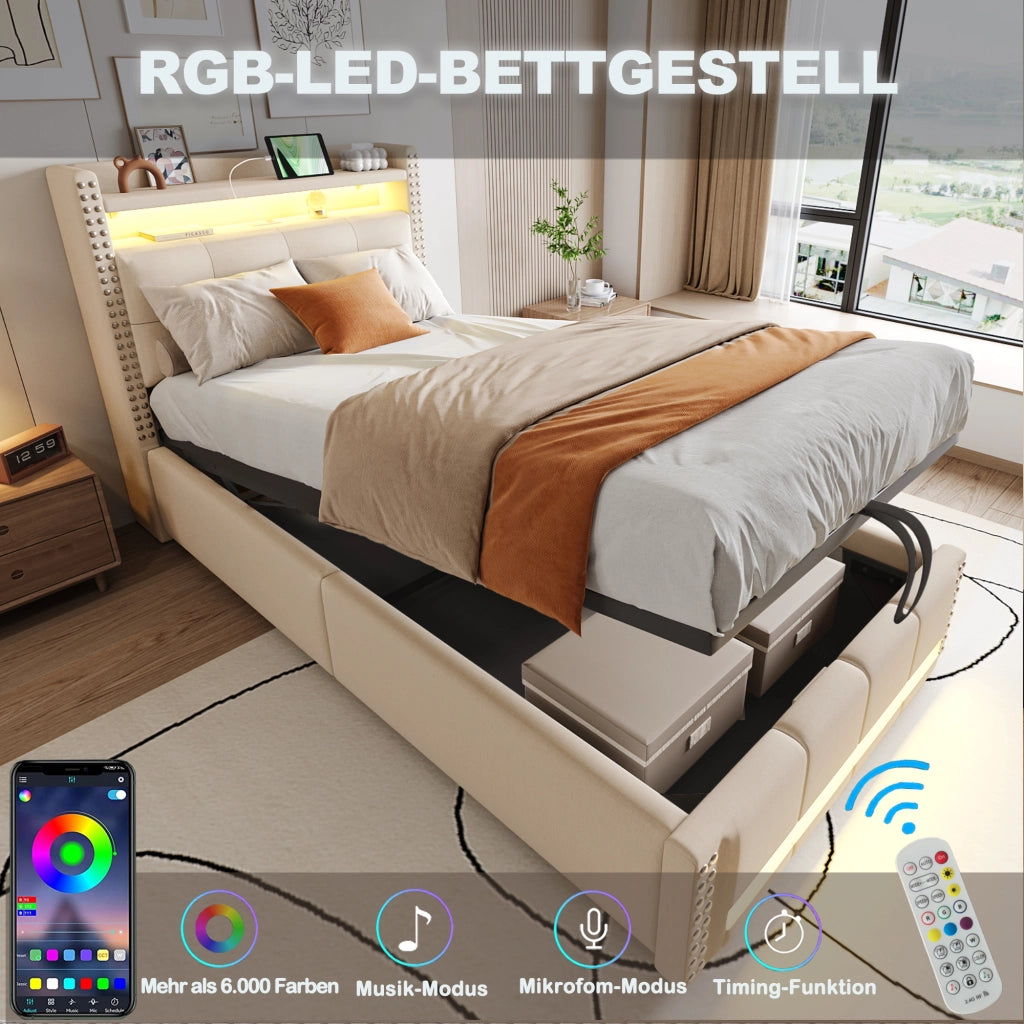 Letto singolo imbottito 90 × 200 cm con contenitore idraulico USB LED in tessuto di lino beige