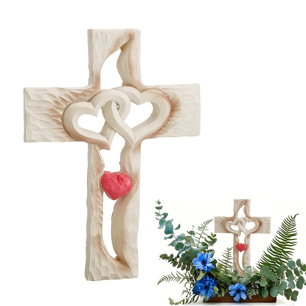 Croce da parete, legno, 165x123 mm, Croce a cuore rustica, a tema religioso