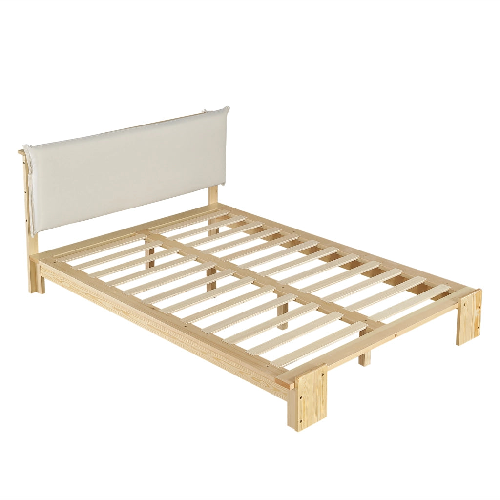 Letto 140x200 cm con testiera imbottita e rete a doghe; struttura in pino color naturale per camera da letto