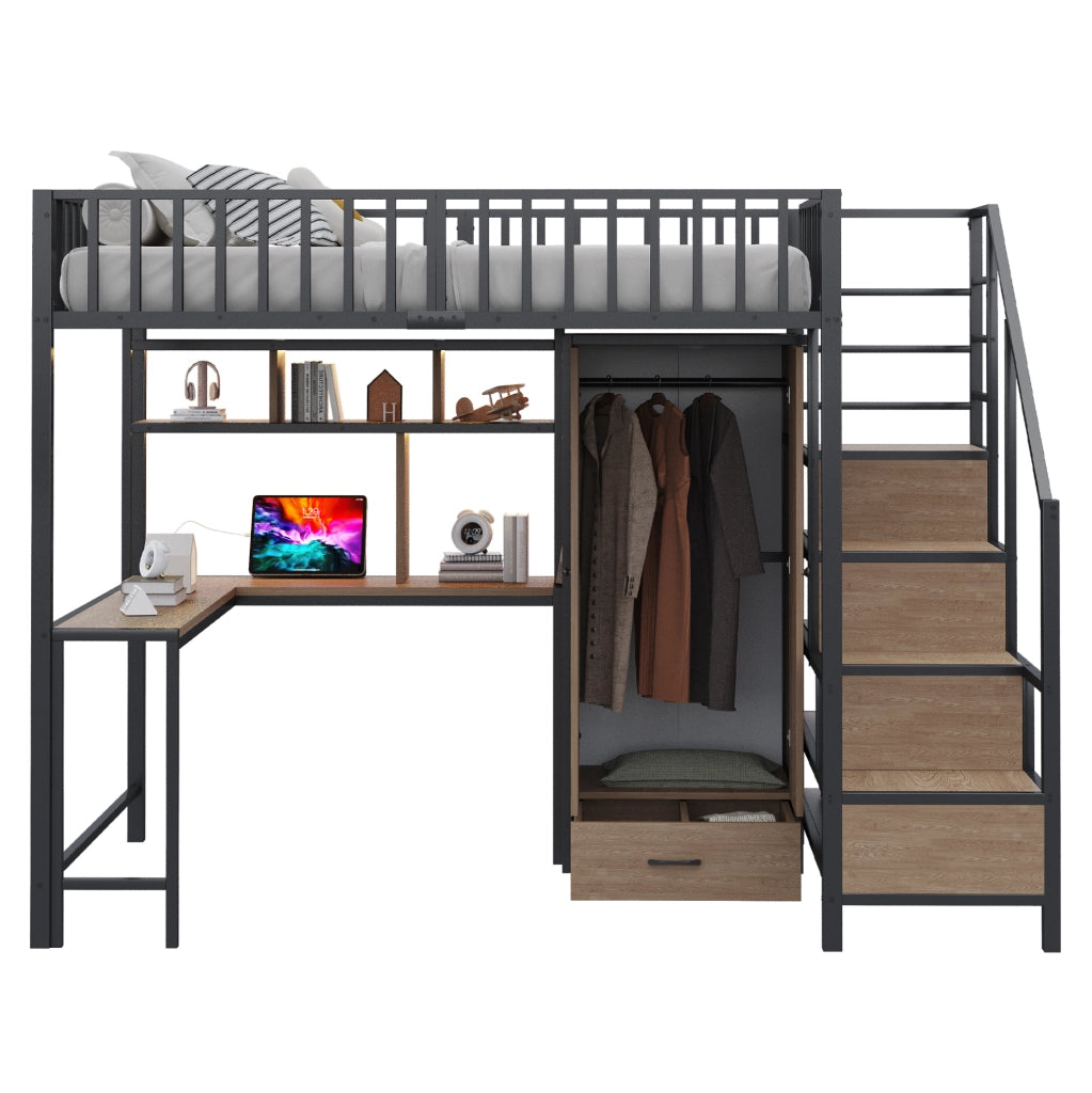 Letto a soppalco 140 × 200 cm con scrivania; armadio; LED; USB e Type-C; nero