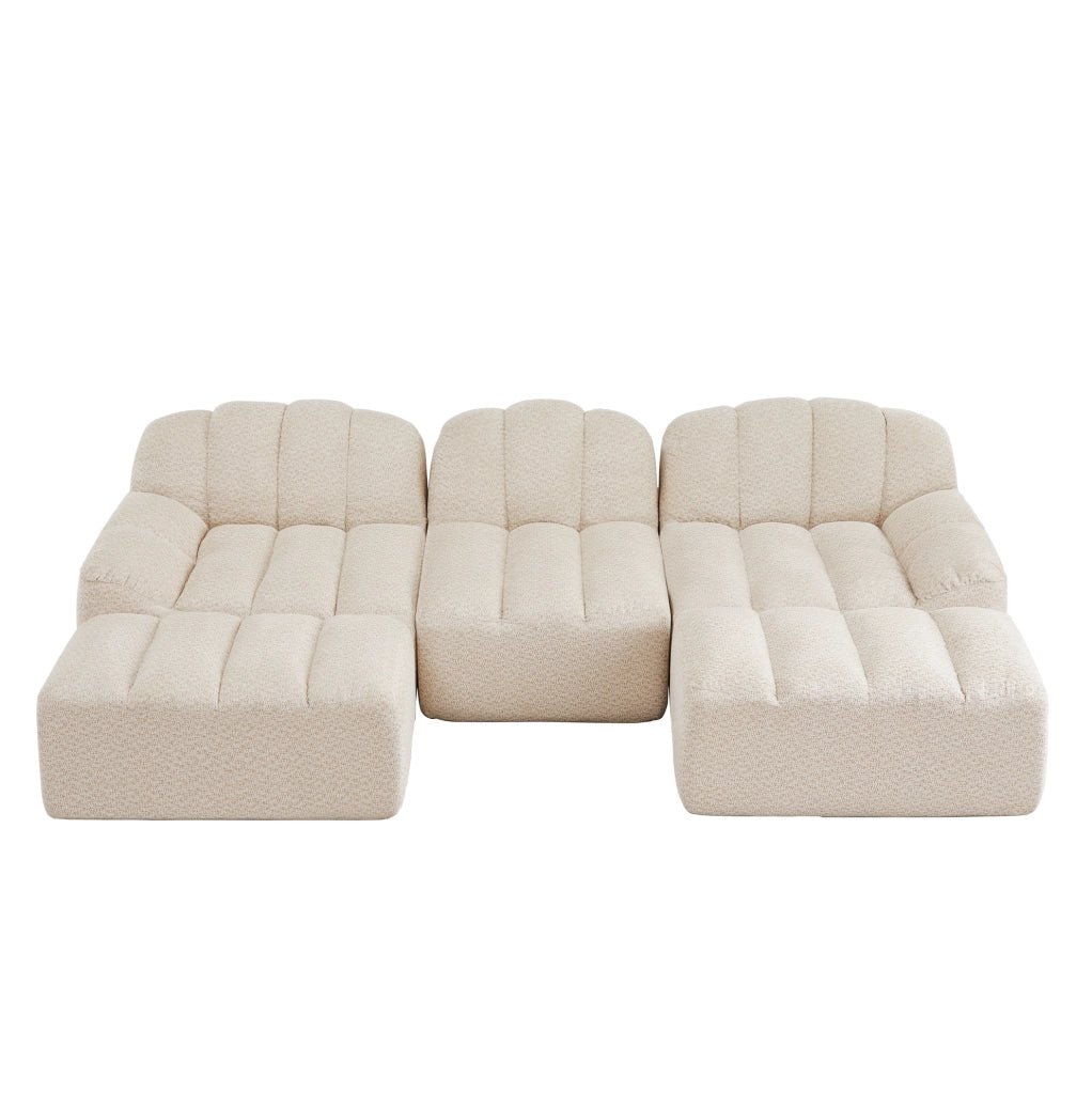 Divano modulare a U 288x165 cm beige in tessuto, 2 pouf, senza montaggio