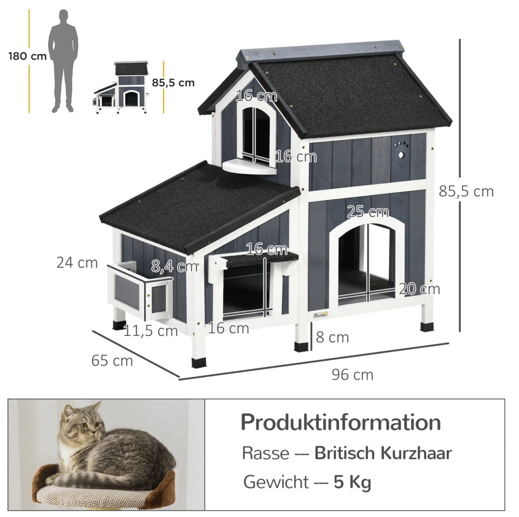 Casetta per gatti 96 x 65 x 85,5 cm in legno grigio, 2 livelli da esterno