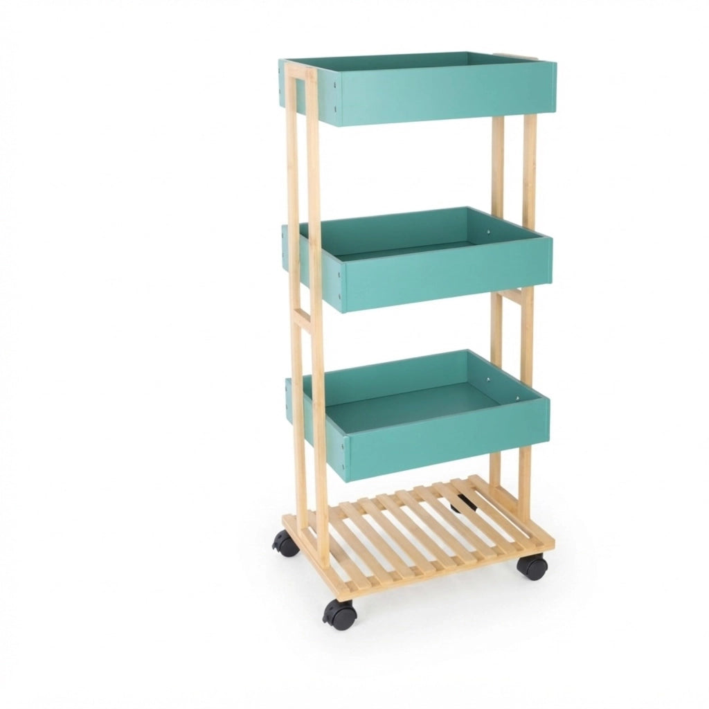 Carrello servitore a 4 ripiani, in bambù e MDF, dimensioni 88x40x30 cm, colore naturale/verde menta