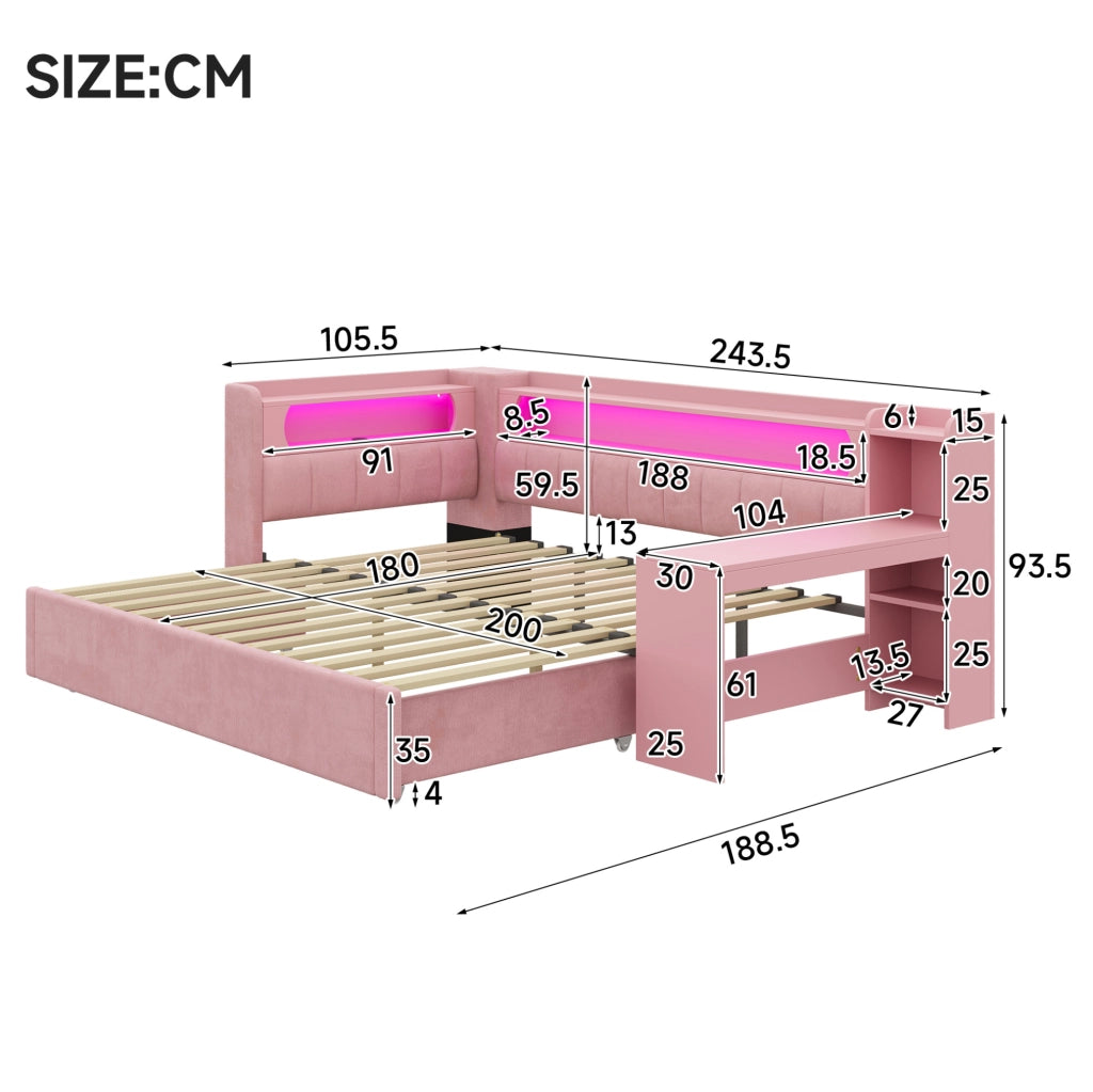 Letto imbottito rosa estensibile con scrivania, luci LED e prese USB