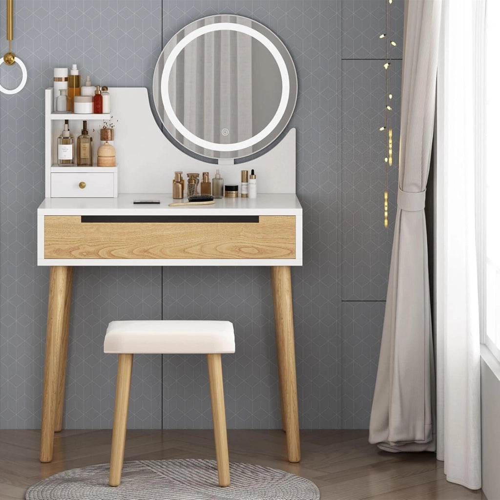 Toilette Moderna con Specchio LED e Sgabello - 2 Cassetti - 3 Modalità di Illuminazione Regolabili per Camera