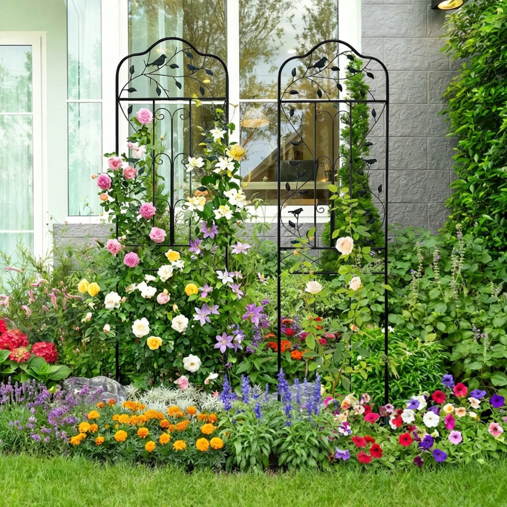 Set di 2 Tralicci da Giardino in Metallo Nero con Ripiano Pieghevole e Picchetti per Piante Rampicanti e Rose
