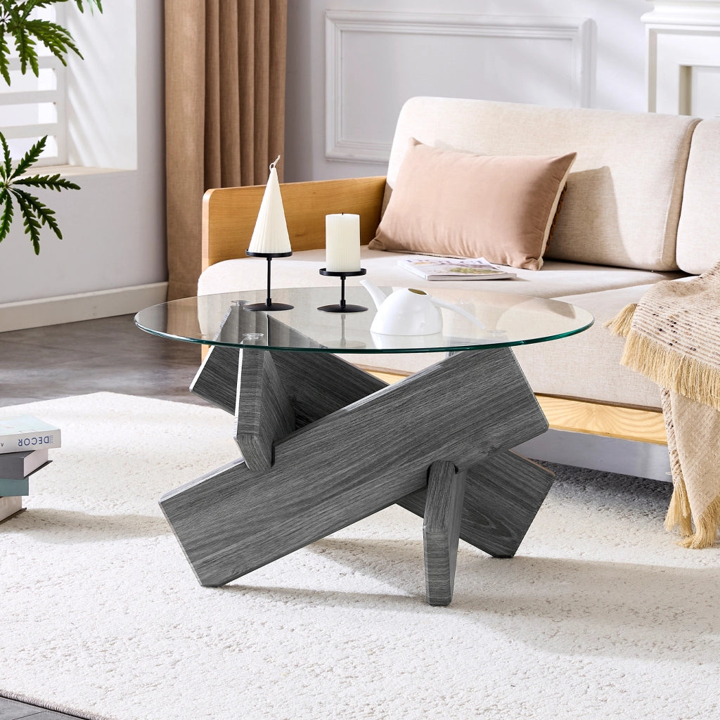 Tavolino rotondo 79 cm in MDF grigio e vetro trasparente, design incrociato
