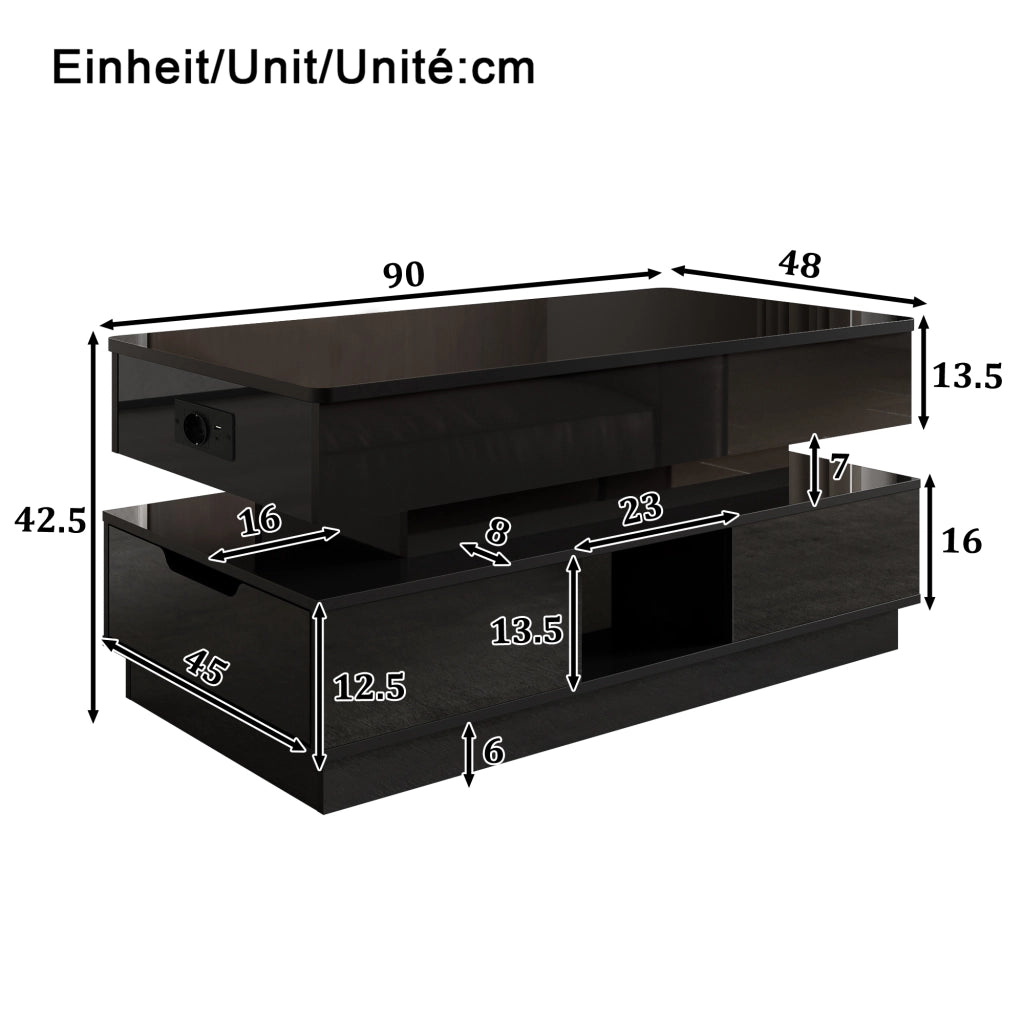 Tavolino da salotto 90 × 48 × 42,5 cm regolabile in altezza MDF nero con LED presa cassetti e vani aperti