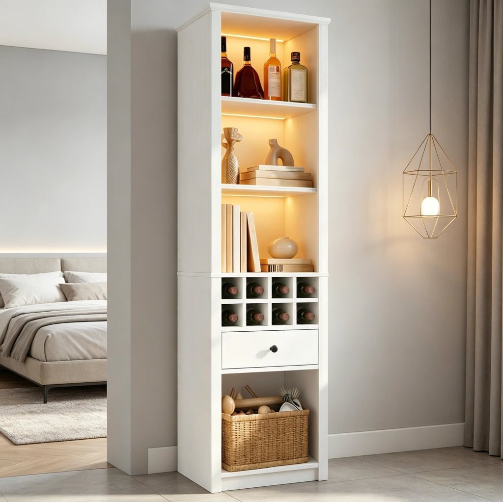 Mobile portavino aperto bianco con illuminazione e cassetto, 55 × 40 × 200 cm