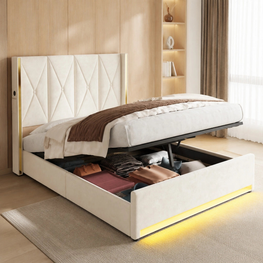 Letto contenitore matrimoniale 160x200 cm; con sollevamento idraulico; porte USB e Type-C; luce LED; in velluto beige; senza materasso