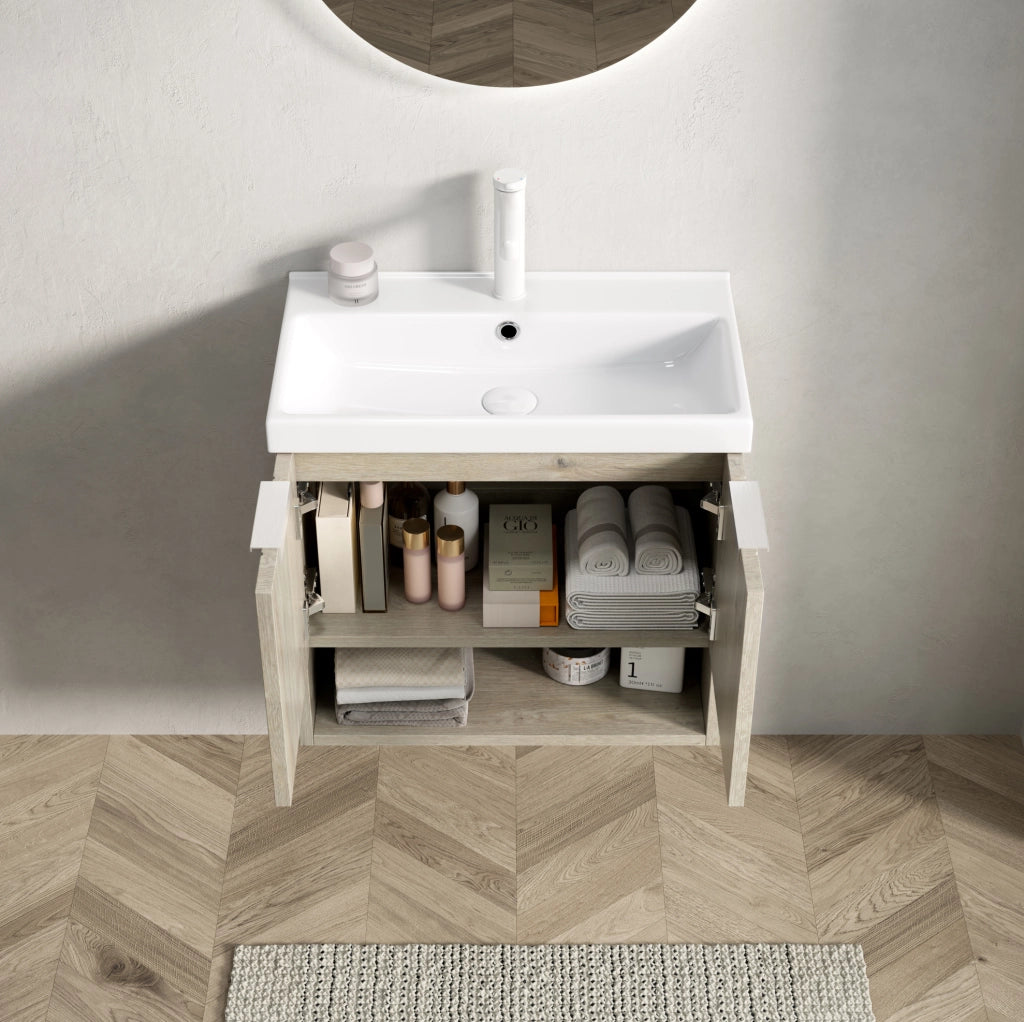Mobile bagno sospeso con lavabo integrato in ceramica e doppia anta; bianco